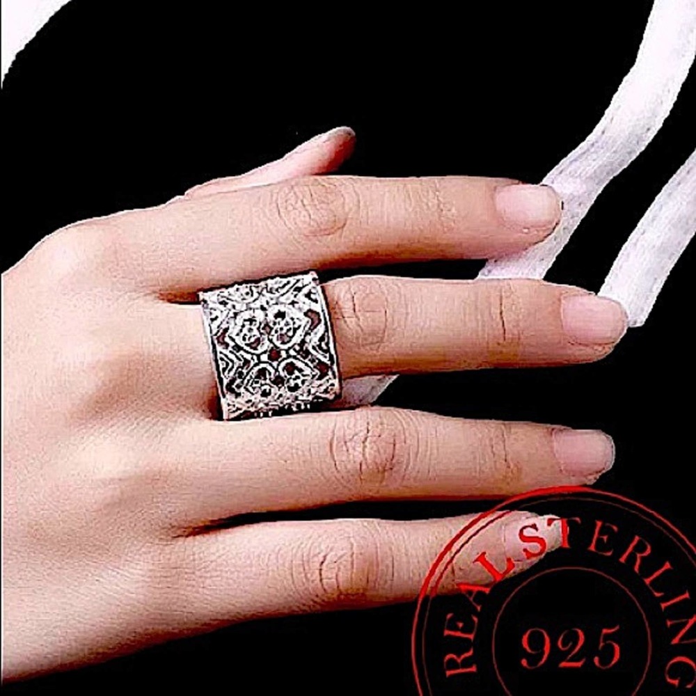 NEW STERLING SILVER WIDE BAND ZIRCONIA HEART CUFF RING - Picture 7 of 12